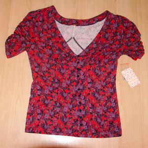 New Free People Floral V-neck & Ruched Short Sleeve Top Size M Plum Hollywood